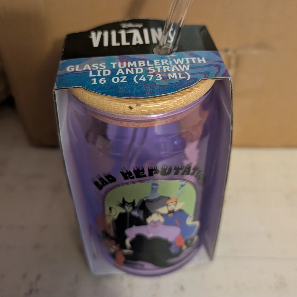 New 16oz Disney Villains  Purple Glass Sipper Tumbler, Bamboo Lid, Straw